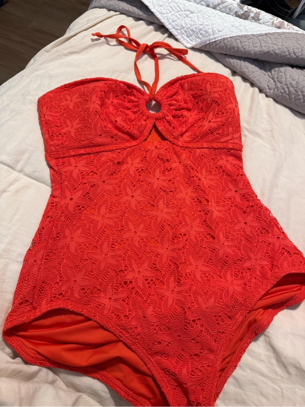 Strapless Crochet One-Piece Swimsuit in Bright Orange/coral